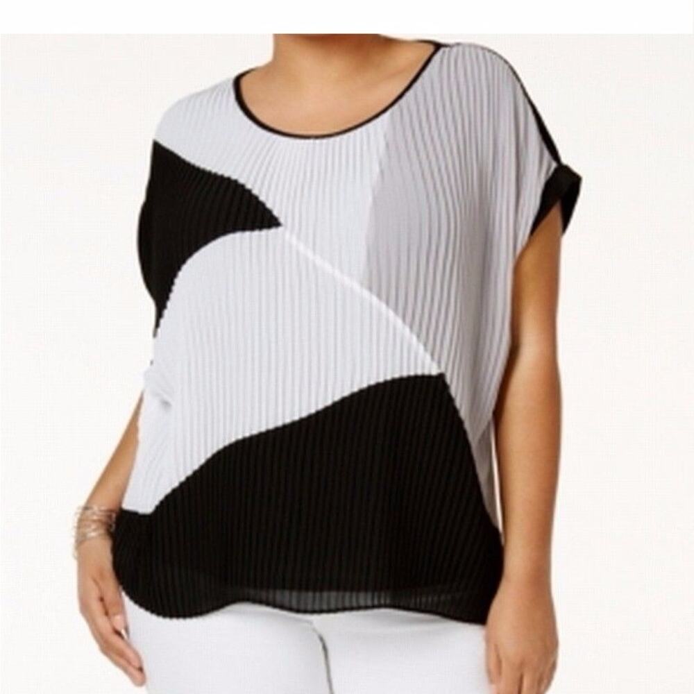 NY Collection Pleated Blouse 1X Front Colorblock‎ Accordion Neutral Workwear Top